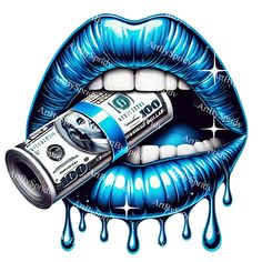 a blue lips with money sticking out of it's mouth and dripping water on the lip