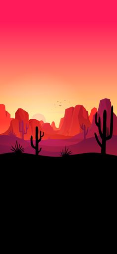 a desert landscape with cactus trees and mountains in the background at sunset or sunrise time