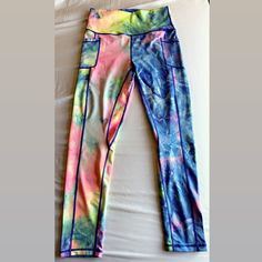 Rainbow Tie-Dye Leggings Side Pockets Size Xl Brand New Casual Stretch Tie Dye Bottoms, Casual Stretch Tie Dye Pants, Casual Tie Dye Bottoms For Yoga, Multicolor Relaxed Fit Athleisure Bottoms, Multicolor Full-length Casual Activewear, Casual Tie-dye Activewear For Sports, Casual Tie Dye Fitted Activewear, Casual Tie Dye Activewear For Sports, Multicolor Full Length Casual Activewear