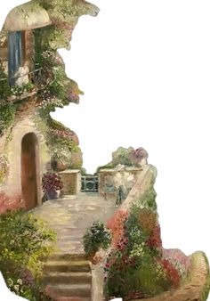 a painting of a house with stairs and flowers