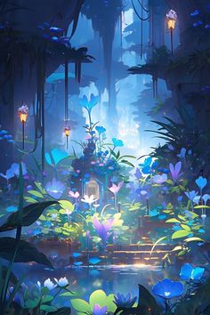 an image of a fantasy forest with flowers and plants in the foreground, lit up by lanterns