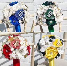 four different colored flower bouquets sitting on top of a wooden chair next to a brick wall