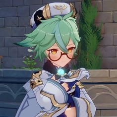 an anime character with green hair and glasses