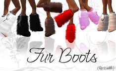 four pairs of fur boots with different colors and sizes are shown in front of a white background