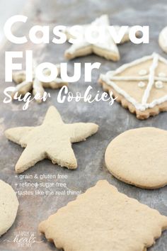 some cookies that are sitting on a cookie sheet with the words cassavaa flour sugar cookies