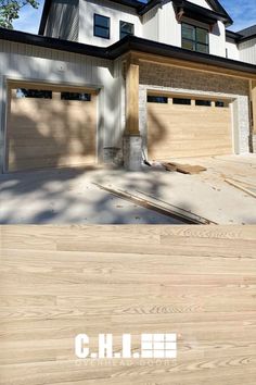 two garages are shown in front of a house with wood floors and white siding