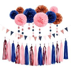 tissue pom poms and tassels are hanging from a string on a white background