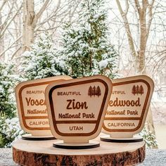 three wooden signs sitting on top of a tree stump in front of snow covered trees