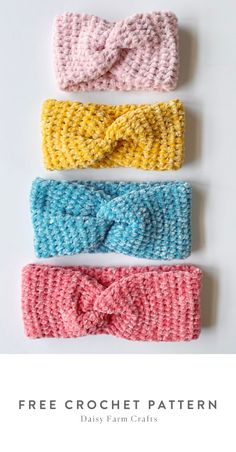 three crocheted headbands with the words free crochet pattern on them