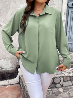 Plus Size Women's Plain Simple Daily Long Sleeve Shirt Green Casual  Long Sleeve Woven Fabric Plain Shirt Non-Stretch  Women Plus Clothing, size features are:Bust: ,Length: ,Sleeve Length: Plain Shirt, Plain Shirts, Plus Size Blouses, Kids Beachwear, Plus Size Tops, Plus Clothing, All Fashion, Long Sleeve Shirt, Women Clothes Sale