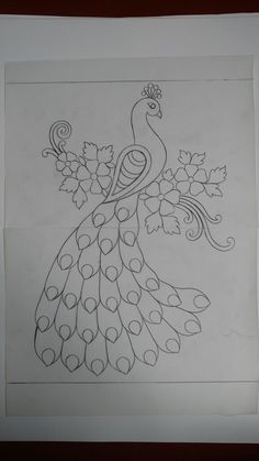 a drawing of a peacock with leaves on it