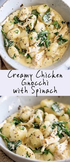 creamy chicken gnocchi with spinach in a white bowl