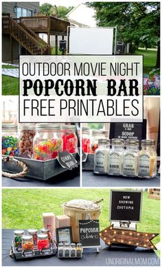 outdoor movie night popcorn bar with free printables