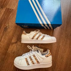 New With Box And Tags - Adidas Superstars With Animal Print Detail. Never Worn. Size 9 But Fits Like A Women’s 10. Classic And Fun. Adidas Animal Print, Adidas Originals Shoes, Adidas Superstars, Adidas Shoes Originals, S 10, Adidas Women, Womens Shoes Sneakers, Adidas Originals, Animal Print