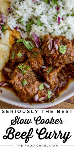 the best slow cooker beef curry recipe with rice and cilantro on top