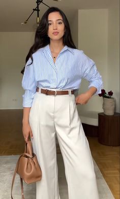 Fashionable Work Outfit, Stylish Work Attire, Blue Striped Shirt, Casual Chic Outfit, Trend Fashion