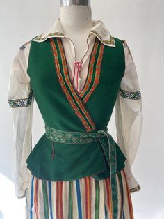 Traditional 1930's Latvian Folk costume Presented to Ms Rose Standfield in 1931 by the Latvian Woman's Society. I was told that Rose travelled through Eastern Europe, meet the women folk many countries. She collected local stories and folk songs and had a passion for local traditions and skills. These beautiful pieces were all made by hand incorporating many traditional skills and local materials. All hand woven and hand embroidered. This is a very collectable piece. In great condition for its a Finnish Clothing, Polish Clothing, German Outfit, Womens Costumes, Folk Clothing, Folk Dresses, Folk Fashion, Folk Costume, Fantasy Clothing