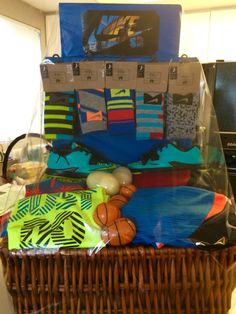 a basket filled with socks and other items