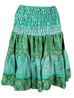 Ruched Skirt Boho Sea Green Floral Beach Recycle Silk Skirts S/M Boho Style Summer, Yoga Mala Beads, Silk Skirts, Elastic Skirt, Boho Fashion Summer, Ruched Skirt, Boho Pants, Saree Fabric, Summer Events