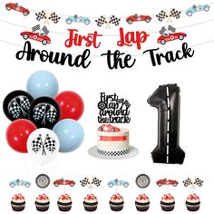 a birthday party set up with balloons, cake and race car decorations for the first year