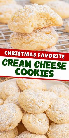 A collage pin of cream cheese cookies on a plate and a close-up of a bitten cookie, with festive text overlay reading "Christmas Favorite Cream Cheese Cookies."