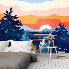 a bedroom with a large mural on the wall