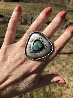 Blue Green Turquoise Triangle Shadowbox Ring Adjustable Stamped Turquoise Ring In Sterling Silver, Adjustable Stamped Sterling Silver Turquoise Ring, Unique Adjustable Stamped Turquoise Ring, Unique Turquoise Ring With Concho For Gift, Gift Turquoise Ring With Concho, Artisan Silver Turquoise Ring Untreated, Artisan Stamped Turquoise Ring, Adjustable Artisan Turquoise Ring With Concho, Southwestern Stamped Turquoise Ring Gift