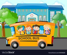 the school bus is full of children and has pencils in it's mouth