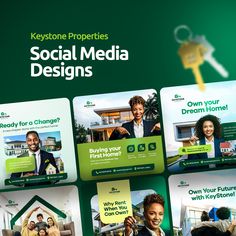 the keystone properties social media design is displayed on four different screens, including key to their home