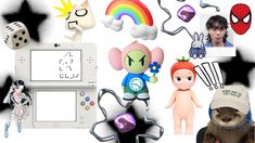 a collage of various toys and characters including an electronic device, mouse, cat, dog, rainbow, spiderman