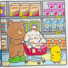 there is a drawing of two teddy bears in a grocery store, one holding a shopping cart