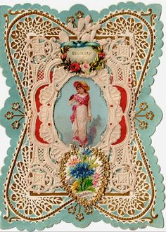 an old fashioned card with a woman in the center and flowers on it's border