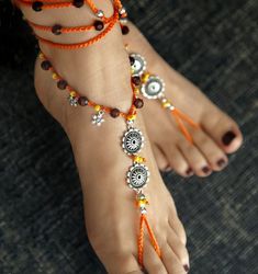 Boho Barefoot Sandals. Orange Silver Gypsy Shoes. Barefoot sandal Purple Anklet, Boho Barefoot Sandals, Hippie Shoes, Leather Anklets, Crochet Barefoot Sandals, Barefoot Sandal, Ankle Jewelry, Crochet Sandals, Diy Jewelry Necklace