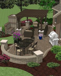 an outdoor patio with grill and seating area