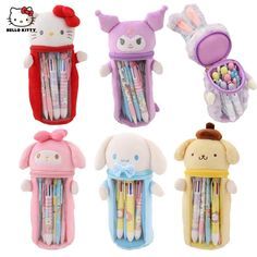 hello kitty pen and pencil holder set in assorted colors with various designs on the front