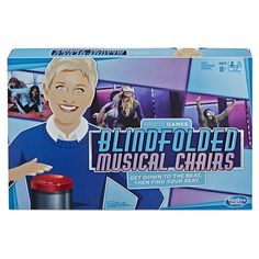 the board game blonde haired musical chairs is shown in its cardboard box, with an image of a woman holding a microphone