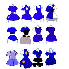 a bunch of dresses that are blue and white