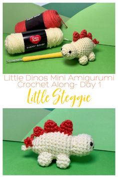 crochet little sluggie amigurm toy is laying on the ground next to yarn and knitting needles