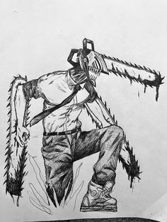 a drawing of a man with a chainsaw on his back