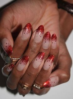 Is it too soon to admire these gorgeous Christmas nail art ideas? We think not. Ahead, see the manis that are getting us super excited for the holidays. December Manicure, Sparkly French Manicure, Red Ombre Nails, Red Nails Glitter, Festive Nail Designs, Glitter French Manicure, Candy Cane Nails, Ombre Nails Glitter