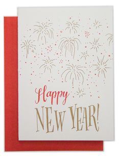 a happy new year card with fireworks on the top and red border around the edges