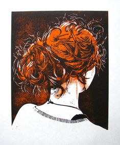 a drawing of a woman's head with red hair and curls in her hair