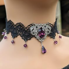 Amethyst Choker Necklace, Gothic Necklace Choker, Dark Fantasy Jewelry, Vintage Purple Choker Necklace, Gothic Crystal Jewelry For Gift, Gothic Sterling Silver Choker Necklace, Silver Gothic Gemstone Jewelry, Handmade Gothic Choker Jewelry, Fantasy Choker Jewelry Gift