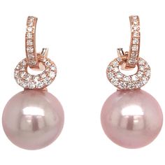 18K Rose gold drop earrings featuring two pink Freshwater Pearls measuring 12-13 mm and 56 round brilliants weighing 0.57 carats. Color G-H Clarity SI White Gold Drop Earrings, Rose Gold Drop Earrings, Pearl Rose, Diamond Collection, Women Diamond, Pear Shaped Diamond, Diamond Drops, Antique Earrings, Pearl Diamond