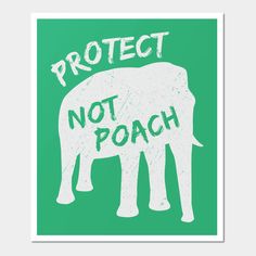 an elephant with the words protect not poach on it's back, against a green background