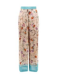 Viscose trouser with floral print- Lateral Closure With Zip- Frontal Pockets- Unlined- Made In Italy- 100% Viscose Chic Silk Printed Bottoms, Chic Silk Printed Pants, Silk Straight Pants With Floral Print, Silk Floral Straight Pants, Silk Wide-leg Pants With Floral Print, Silk Floral Print Long Bottoms, Silk Long Pants With Floral Print, Silk Floral Print Straight Pants, Silk Floral Print Long Pants