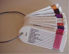 a close up of a bunch of scissors on a table with some tags attached to it