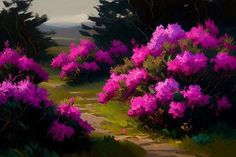 a painting of purple flowers on the side of a road with trees in the background