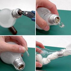 four pictures showing how to make a light bulb with wire wrapped around the top and bottom