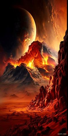 an artist's rendering of the planet in space with mountains, rocks and lava